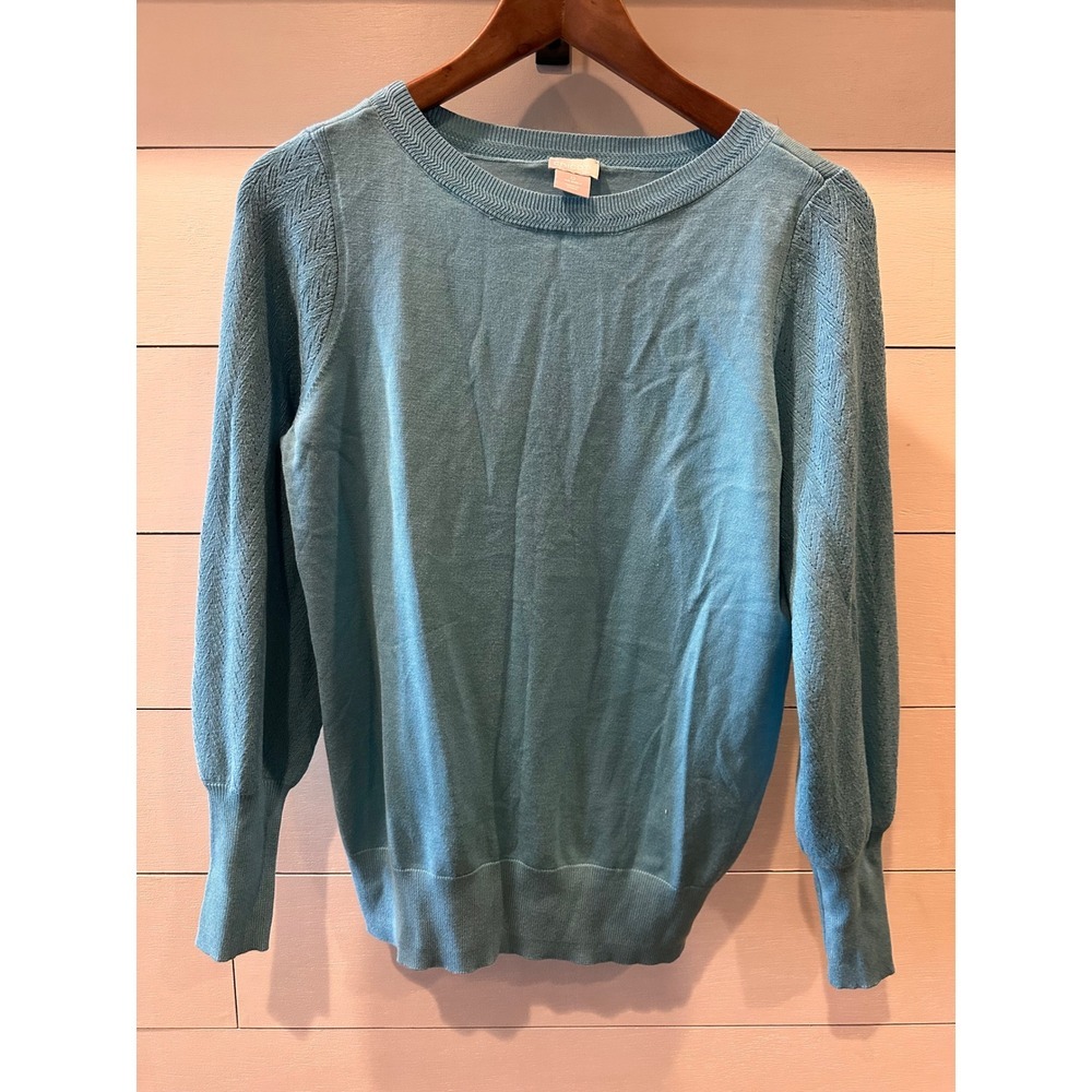 Chicos Women Blue Chevron Pointelle Shoulder Crew Neck Sweater Size 0 S Small